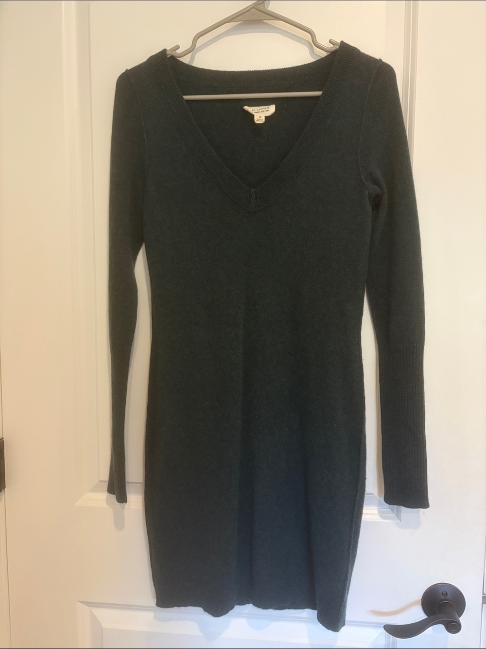 Nili Lotan Dark Green V-Neck Long-Sleeve Knit Mini Dress